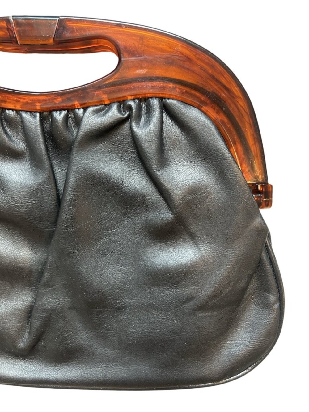 Vintage Black Leather Handbag Tortoiseshell Lucite Frame Clutch Purse Retro MCM - Picture 8 of 16